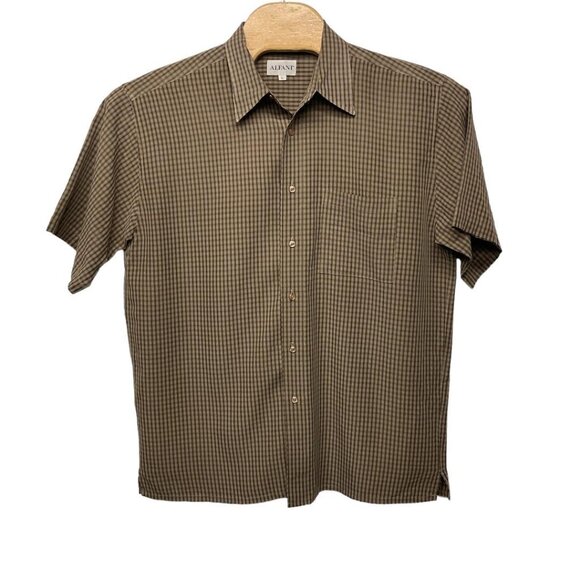 Alfani Brown Small Check Button-down Short Sleeve Shirt Men's Size L - Picture 1 of 9